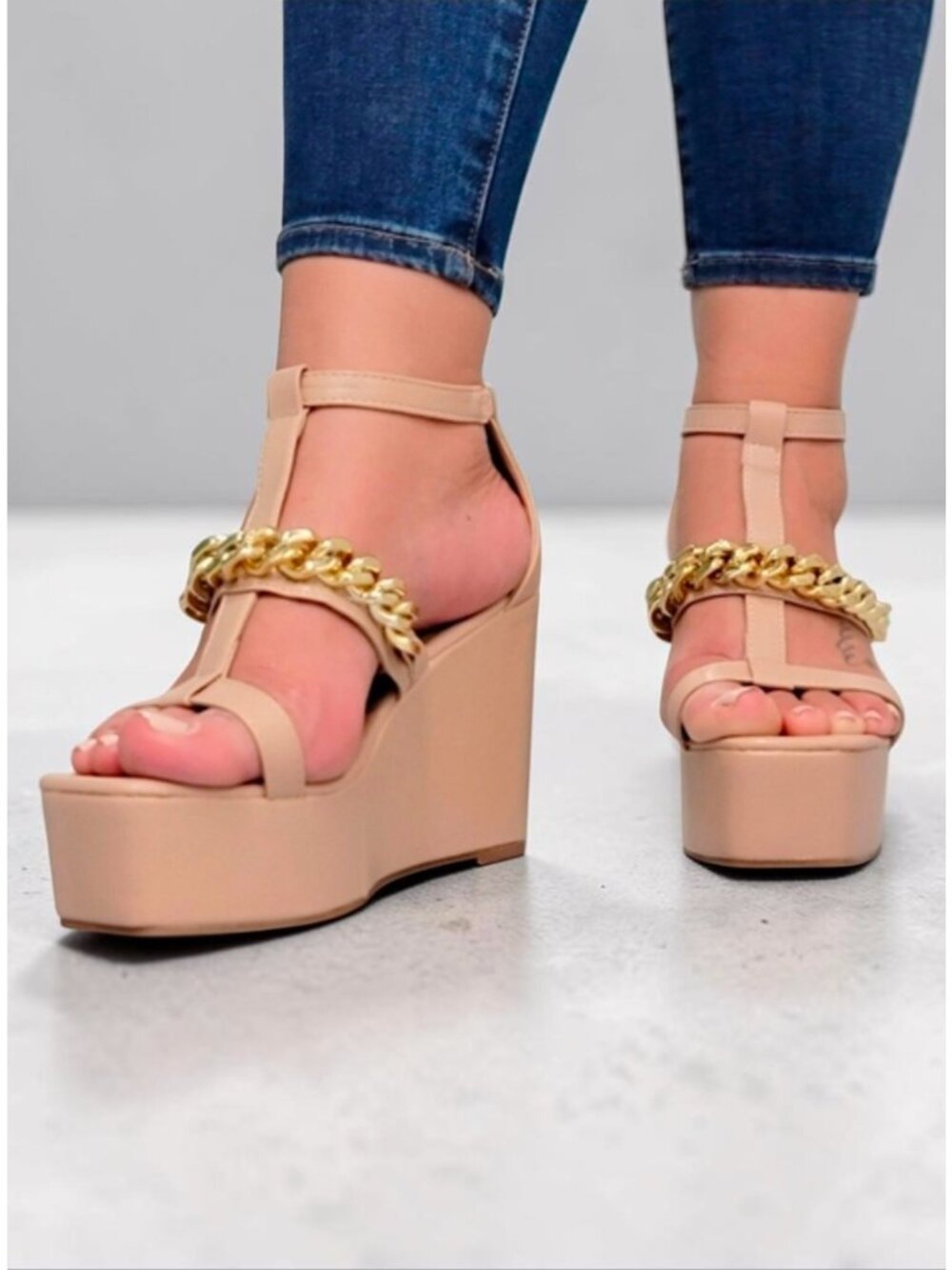 Gold Chain Nude Wedge Sandals With Ankle Strap & Open Toe Design For Women - Picture 7 of 10